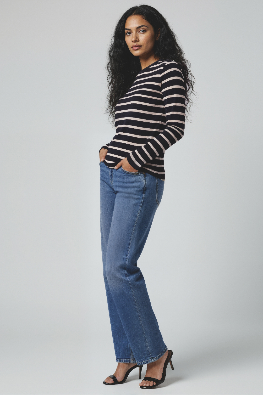 Ribbed Crew-Neck Long Sleeve Tee | Black Beauty Silver Lining Mel Stripe