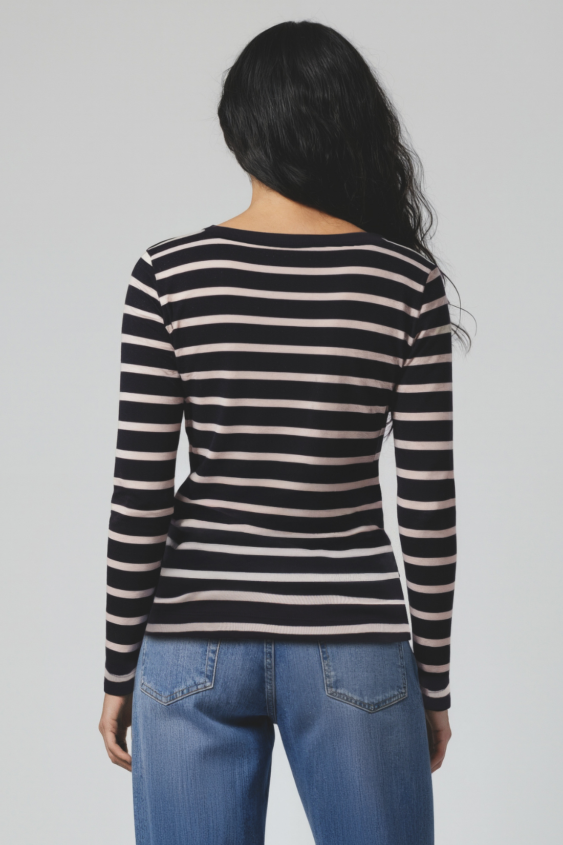 Ribbed Crew-Neck Long Sleeve Tee | Black Beauty Silver Lining Mel Stripe