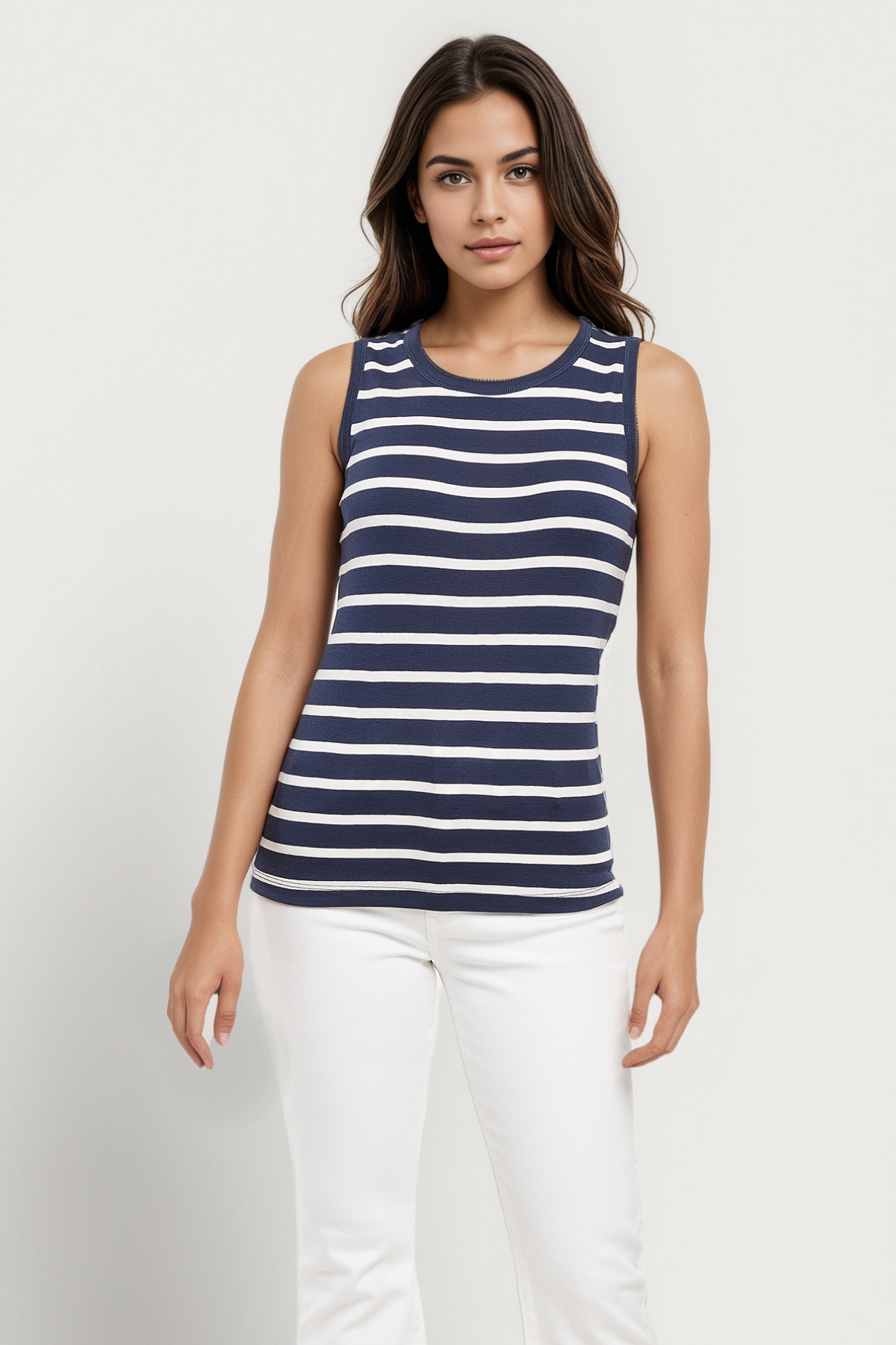 Ribbed Crew-Neck Tank | Navy Blazer Mel Stripes