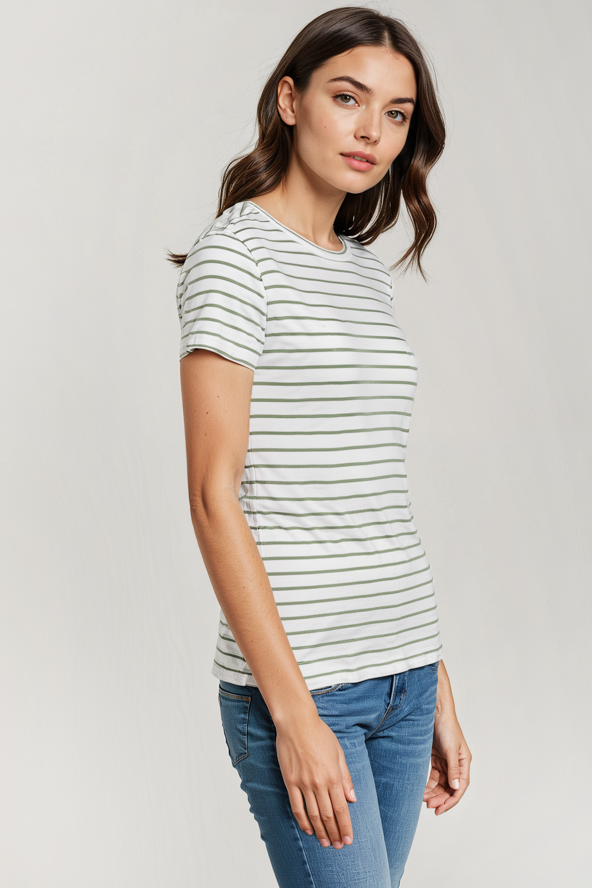 Rib Crew Stripe Tee | Hedge Green Stripe