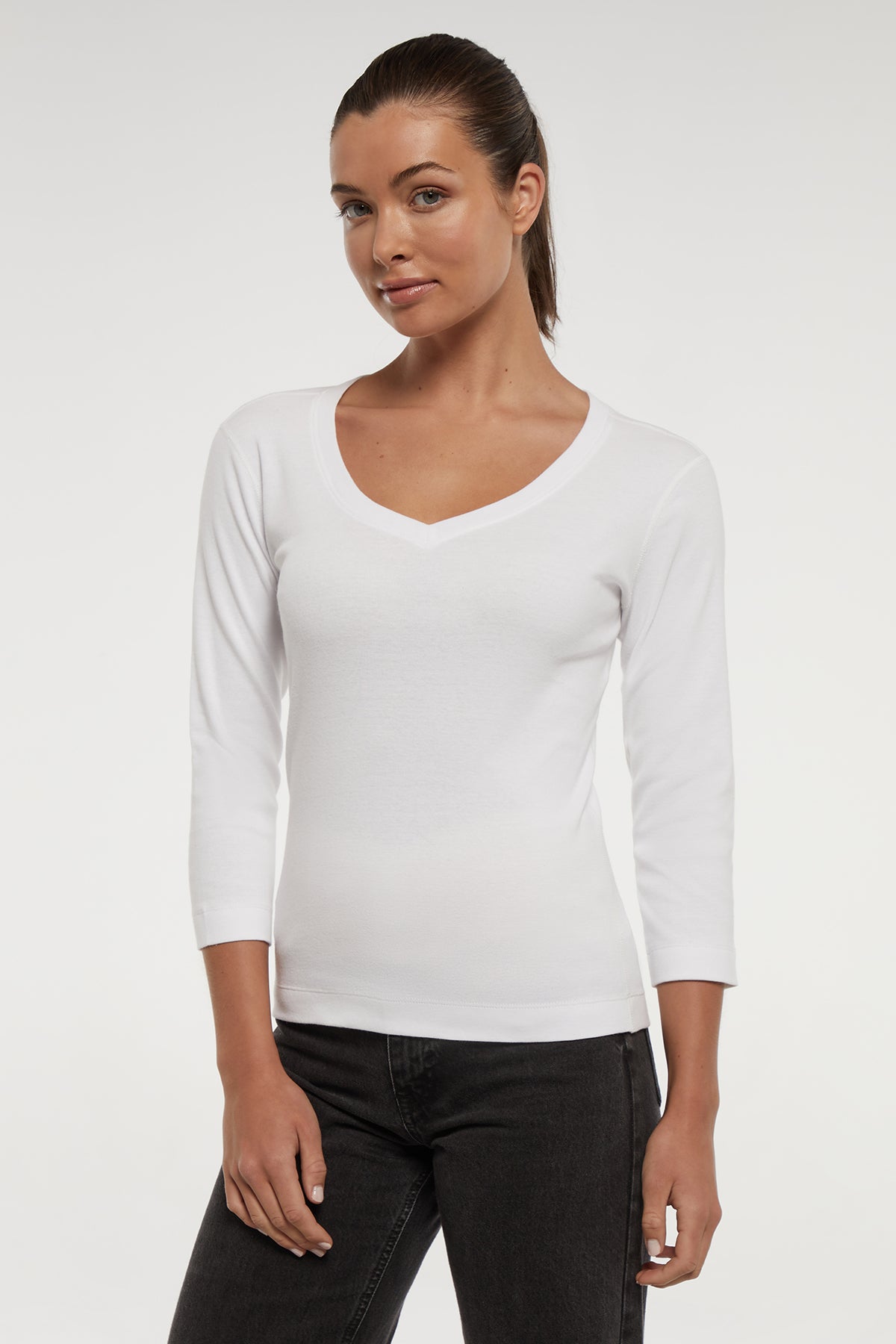 Knit 3/4 Sleeve V-Neck Tee White – Three Dots