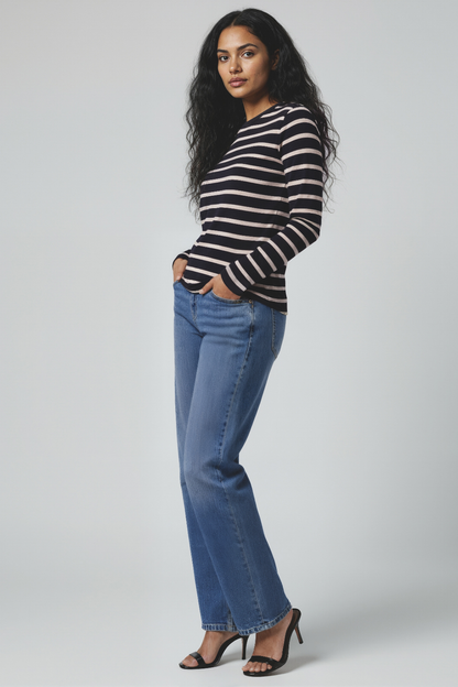 Ribbed Crew-Neck Long Sleeve Tee | Black Beauty Silver Lining Mel Stripe