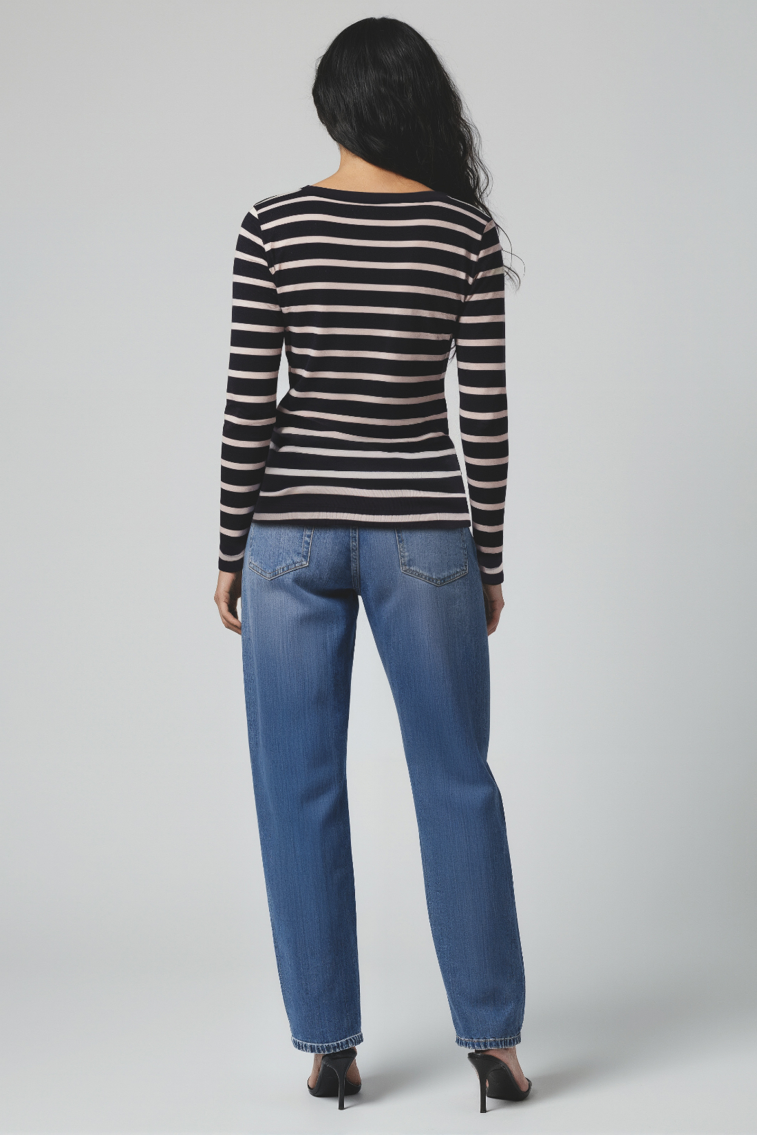 Ribbed Crew-Neck Long Sleeve Tee | Black Beauty Silver Lining Mel Stripe