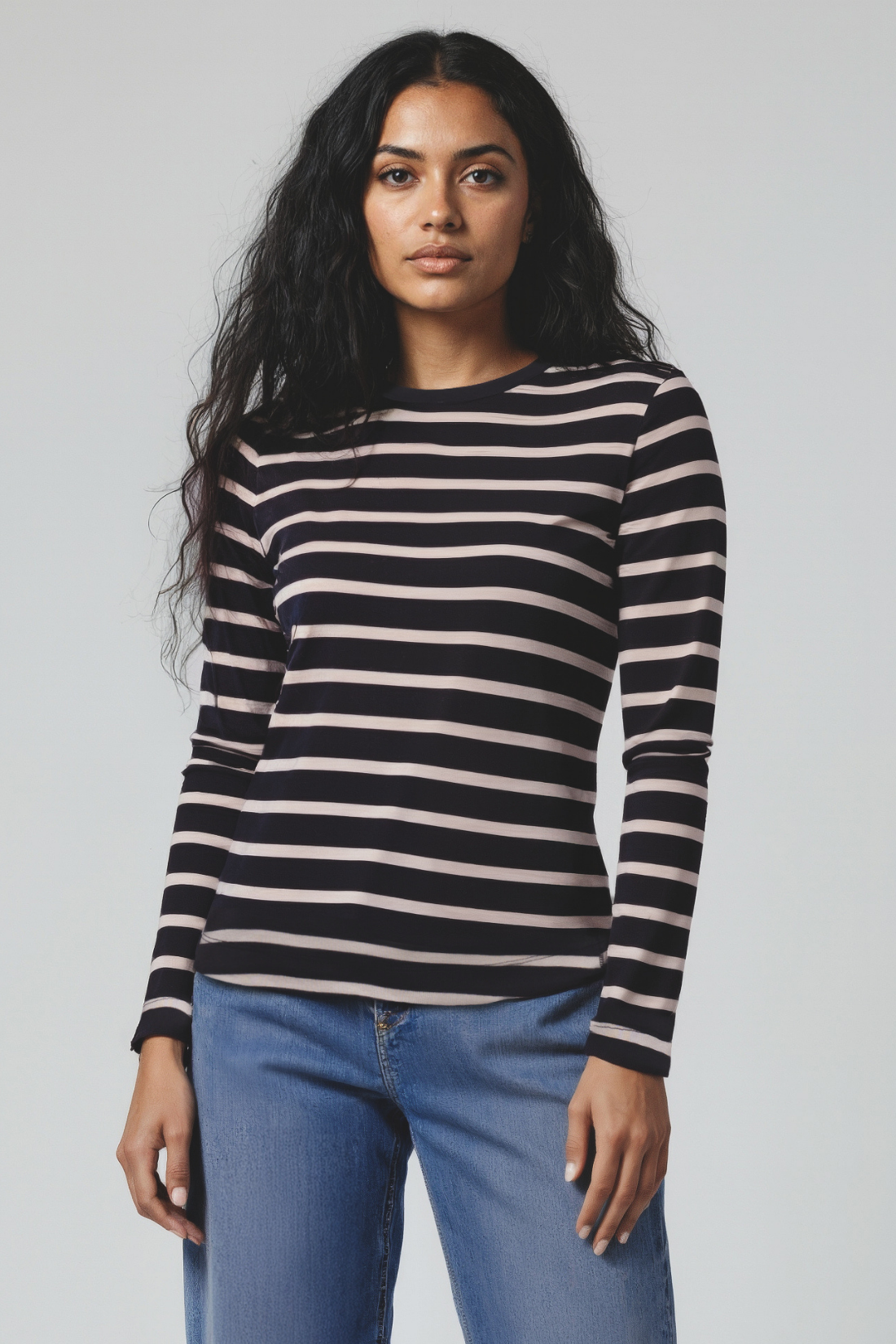 Ribbed Crew-Neck Long Sleeve Tee | Black Beauty Silver Lining Mel Stripe