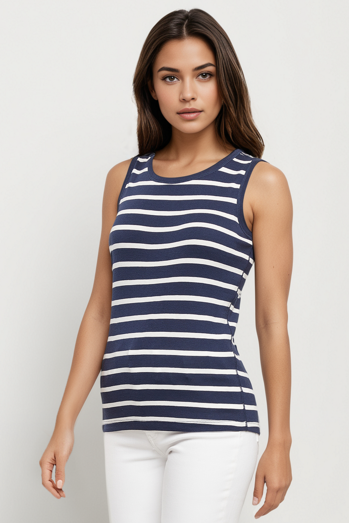 Ribbed Crew-Neck Tank | Navy Blazer Mel Stripes