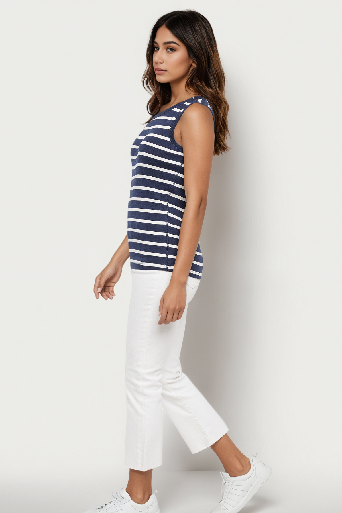 Ribbed Crew-Neck Tank | Navy Blazer Mel Stripes