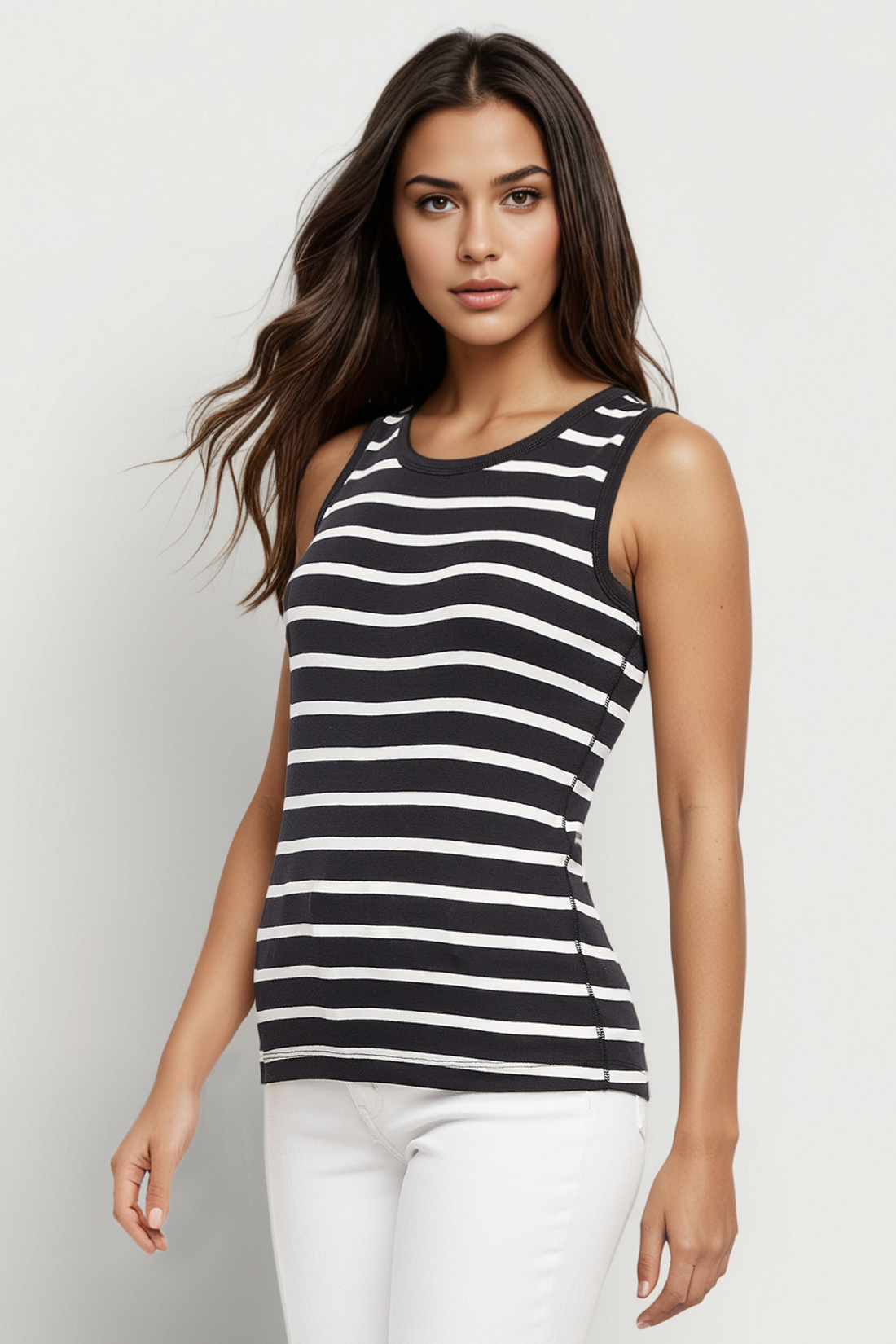 Ribbed Crew-Neck Tank | Black Beauty Mel Stripes
