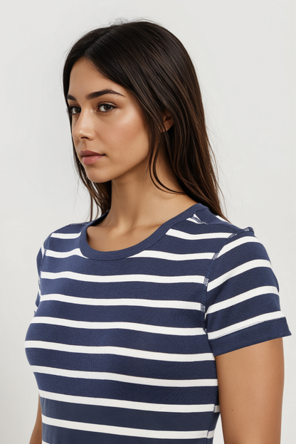 Crew-Neck Short Sleeve Tee | Navy Blazer Mel Stripes