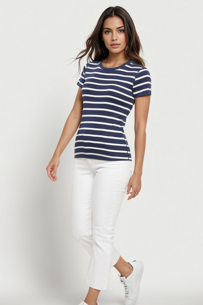Crew-Neck Short Sleeve Tee | Navy Blazer Mel Stripes