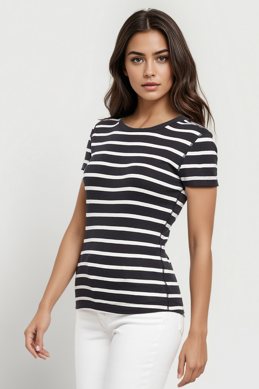 Crew-Neck Short Sleeve Tee | Black Beauty Mel Stripes