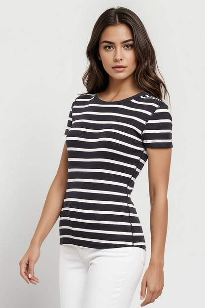 Crew-Neck Short Sleeve Tee | Black Beauty Mel Stripes
