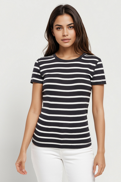 Crew-Neck Short Sleeve Tee | Black Beauty Mel Stripes