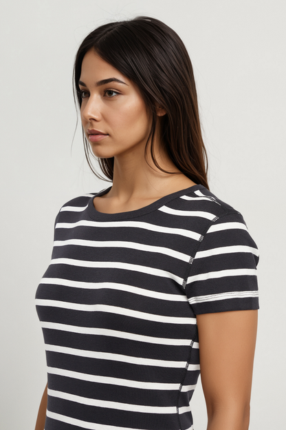 Crew-Neck Short Sleeve Tee | Black Beauty Mel Stripes