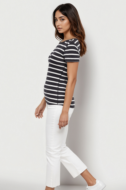 Crew-Neck Short Sleeve Tee | Black Beauty Mel Stripes