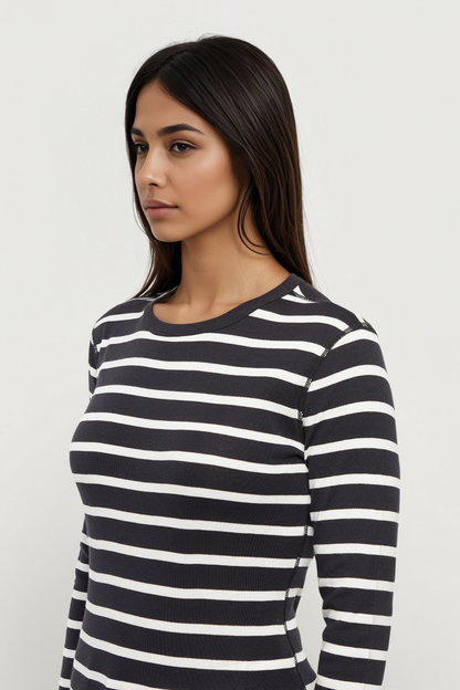 Ribbed Crew-Neck Long Sleeve Tee | Black Beauty Mel Stripes