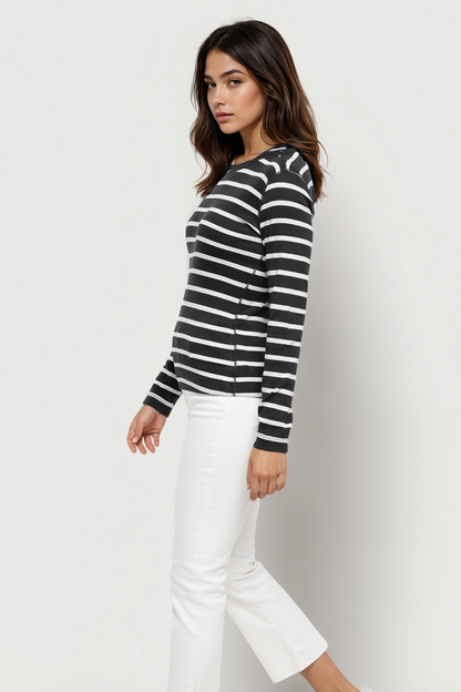 Ribbed Crew-Neck Long Sleeve Tee | Black Beauty Mel Stripes