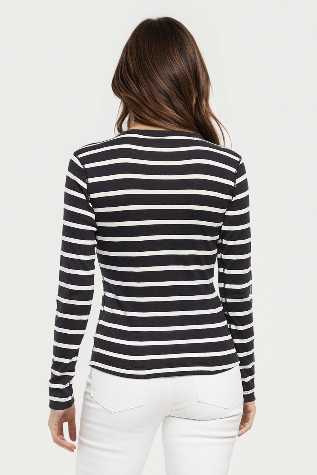 Ribbed Crew-Neck Long Sleeve Tee | Black Beauty Mel Stripes