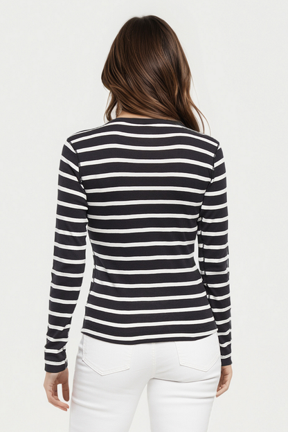 Ribbed Crew-Neck Long Sleeve Tee | Black Beauty Mel Stripes