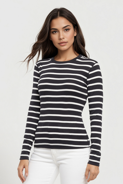 Ribbed Crew-Neck Long Sleeve Tee | Black Beauty Mel Stripes