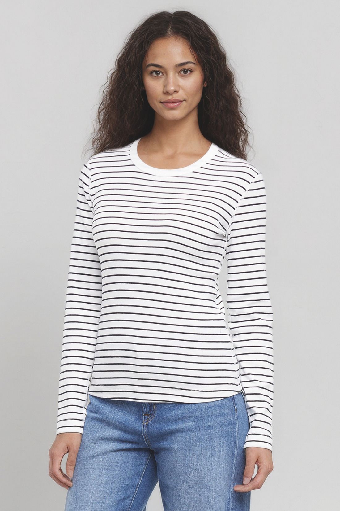 Victoria Crew-Neck Long Sleeve Rib Tee | Bright White Stripe