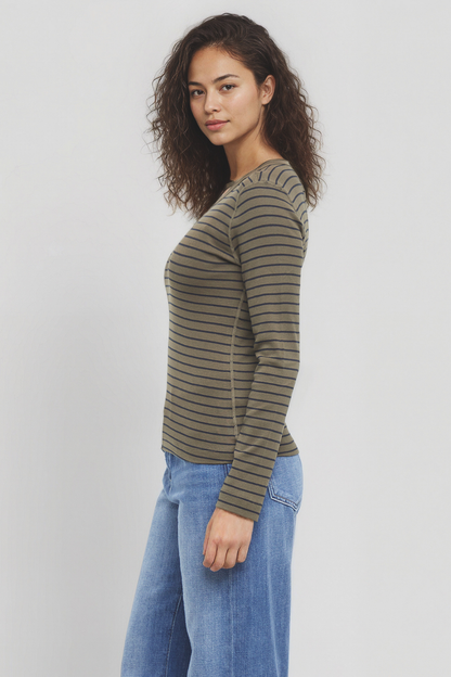Victoria Crew-Neck Long Sleeve Rib Tee | Grape Leaf Stripe