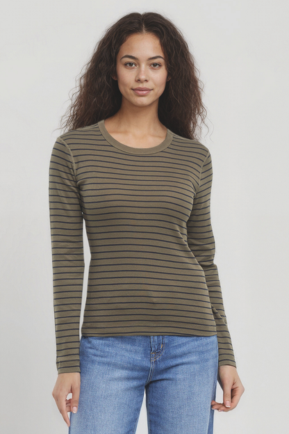 Victoria Crew-Neck Long Sleeve Rib Tee | Grape Leaf Stripe