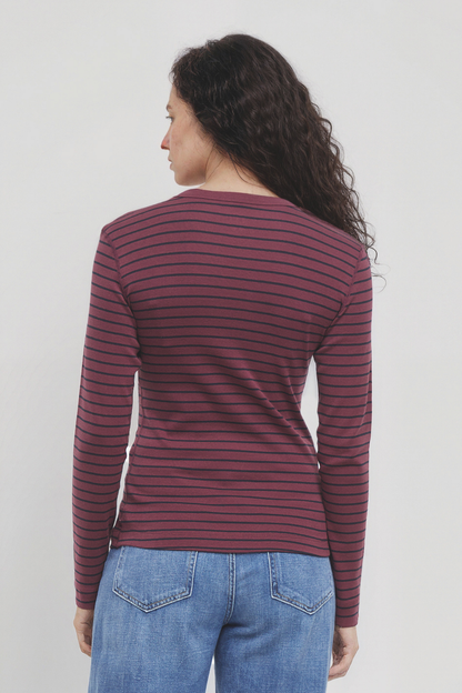 Victoria Crew-Neck Long Sleeve Rib Tee | Fig Stripe