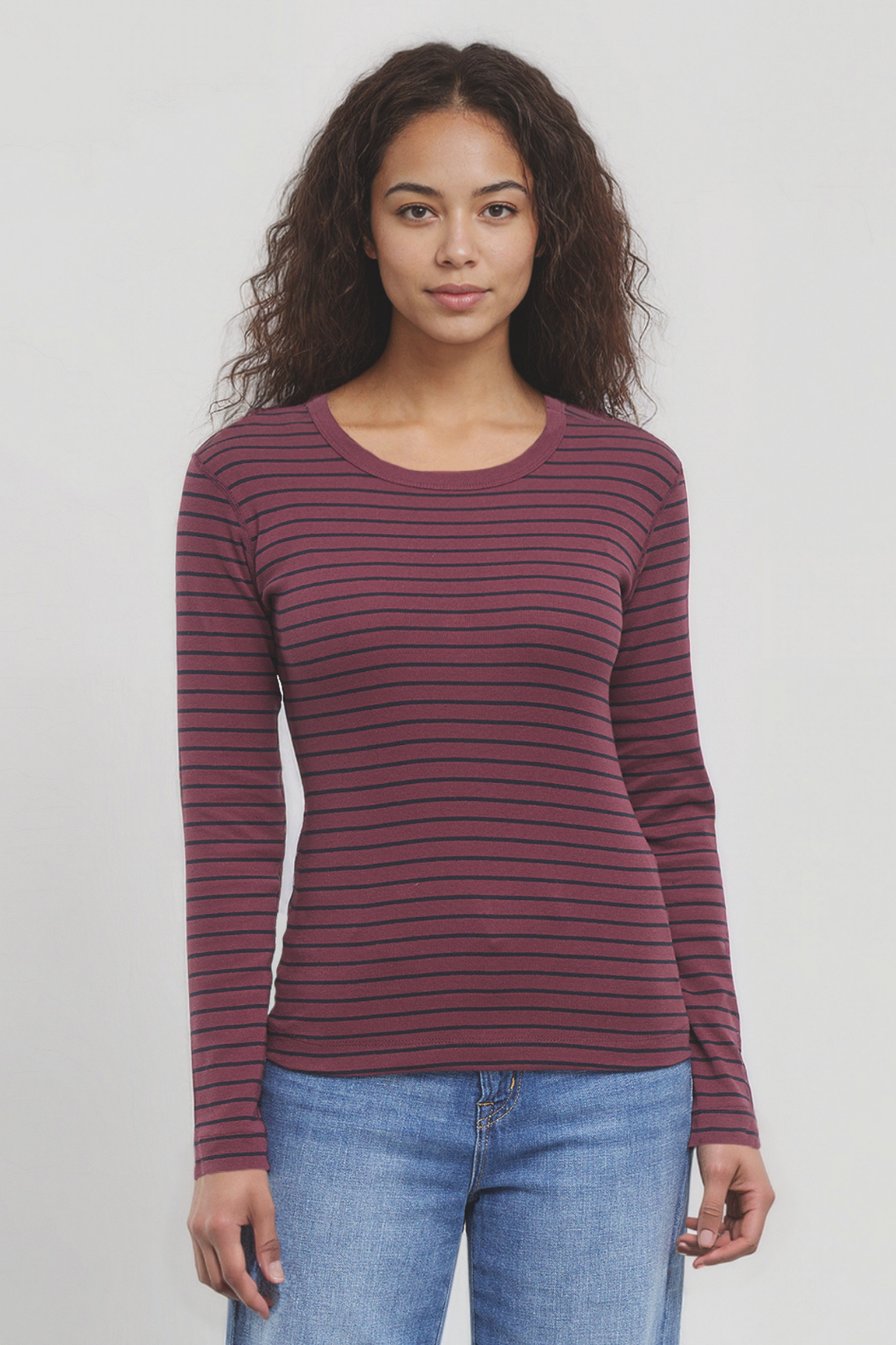 Victoria Crew-Neck Long Sleeve Rib Tee | Fig Stripe