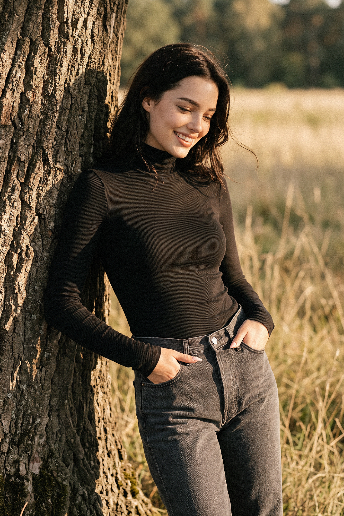 A woman with dark hair leans against a large tree trunk in a sunlit field, wearing a fitted black long-sleeve mock-neck top and dark gray jeans.
