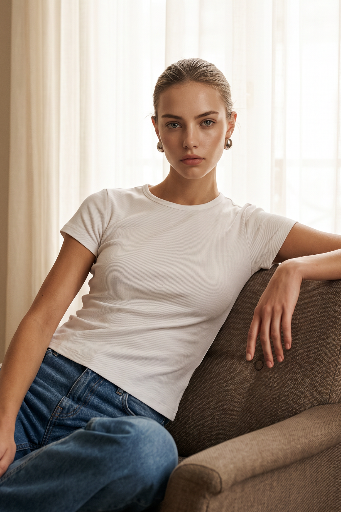 A woman with blonde hair tied back sits on a brown armchair, wearing a plain white short-sleeve crewneck t-shirt and blue jeans in a brightly lit room with beige curtains.