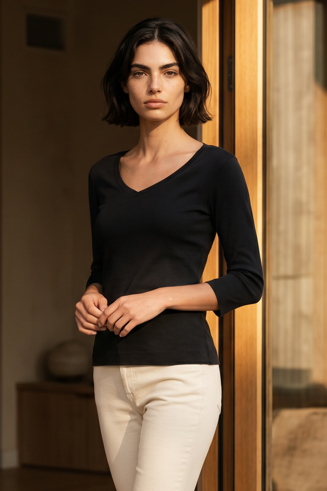 A woman with short dark hair stands indoors wearing a fitted black long-sleeve V-neck top and light cream pants, posed in front of a warm-toned wooden door.