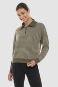 Woman wearing a green and beige striped long-sleeve shirt on a white background. #color_grape-leaf-egret-stripe