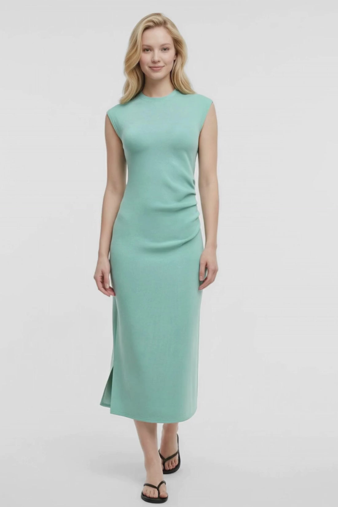Video view of woman wearing a light blue dress on a white background. #color_feldspar