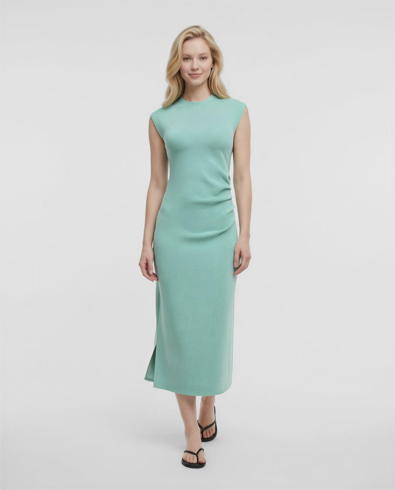 Video view of woman wearing a light blue dress on a white background. #color_feldspar