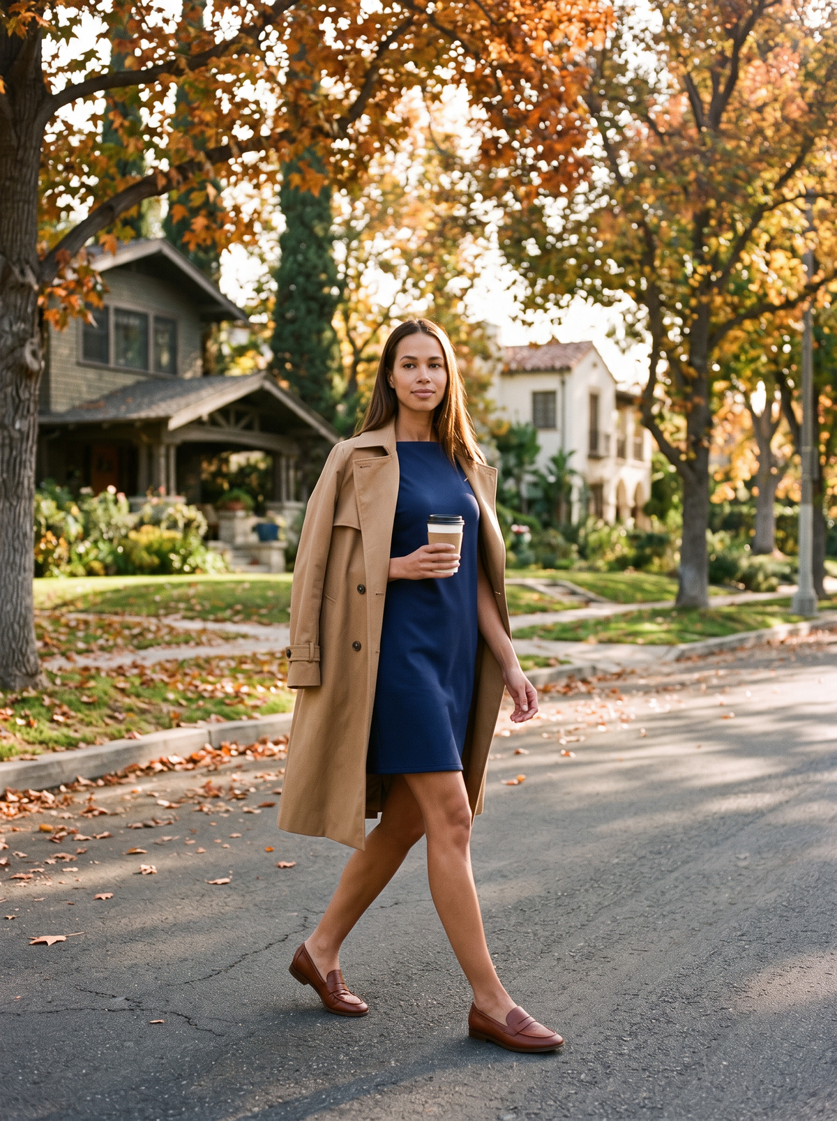 Woman walking on an autumn street in a navy dress with a camel coat