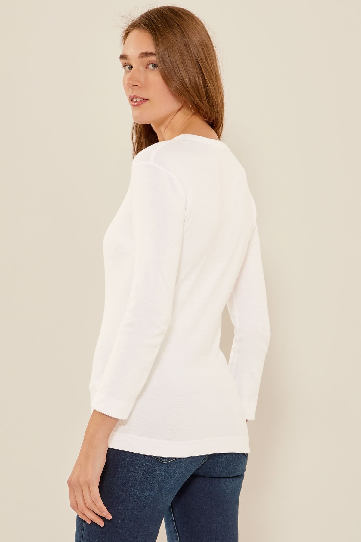 Essential Heritage Knit 3/4 Scoop Neck Tee | White – Three Dots