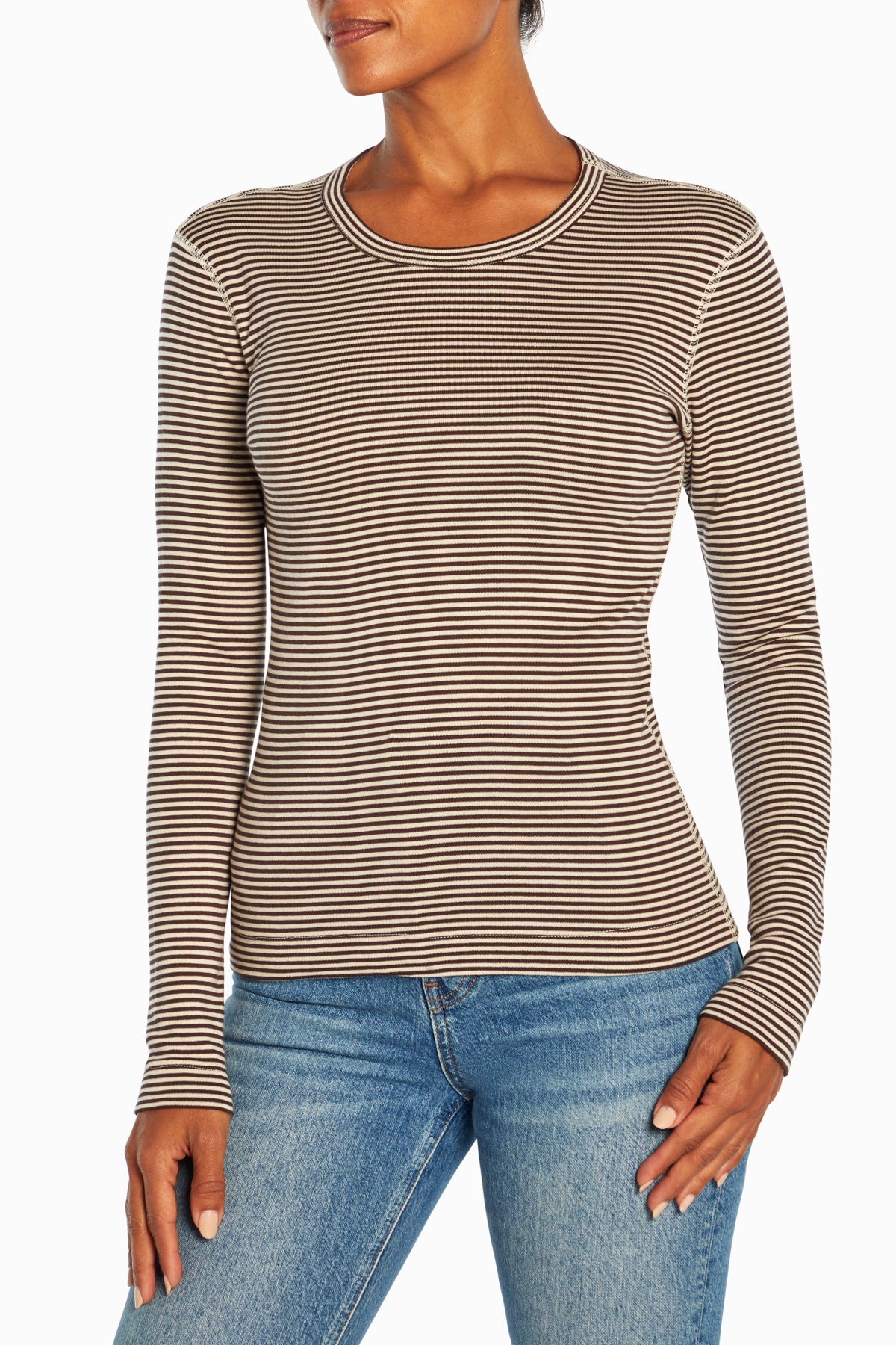 Stripe Long Sleeve Crewneck Tee | Coffee Bean Rainy Day Stripe