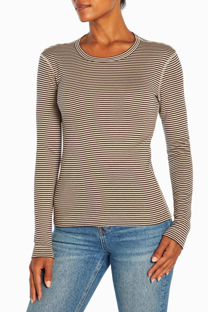 Stripe Long Sleeve Crewneck Tee | Coffee Bean Rainy Day Stripe